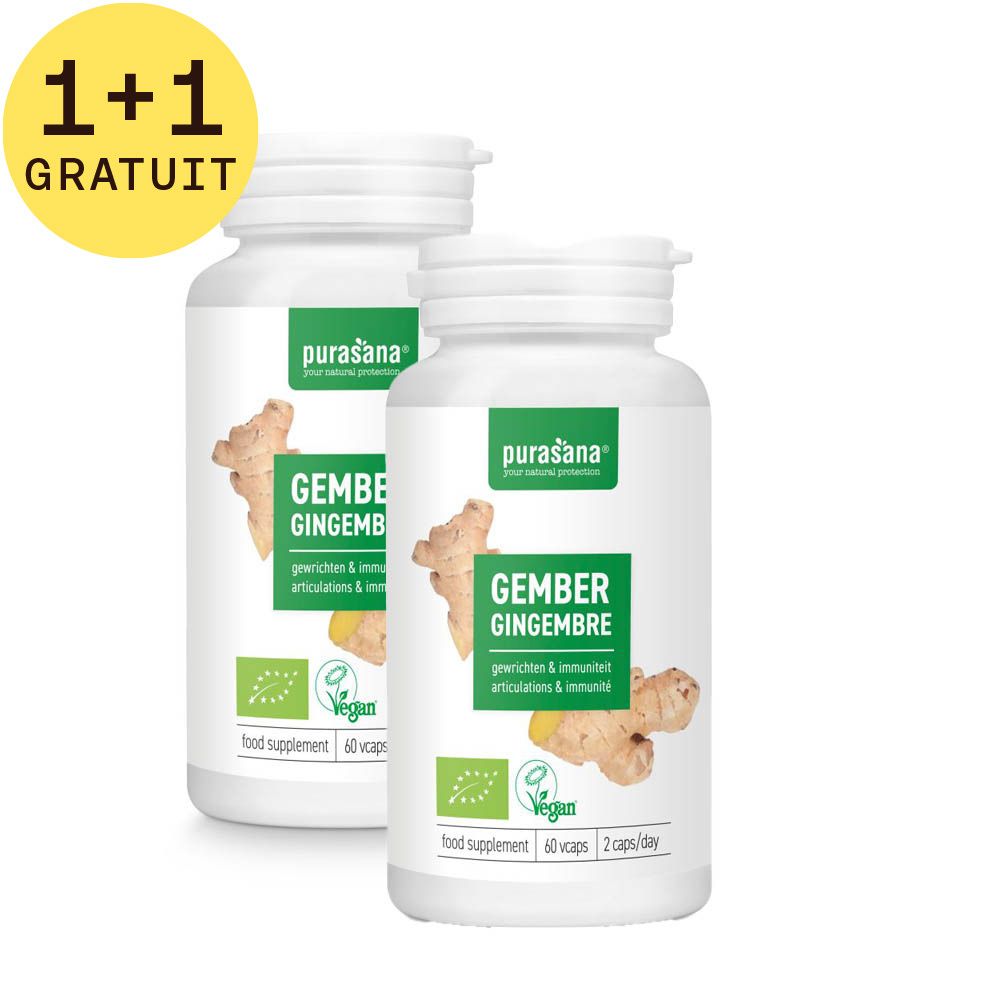 Deux flacons blancs avec étiquette verte. Inscription: Gember, Gingembre. Label vegan. Inscription: PURASANA. Cercle jaune: 1+1 GRATUIT.