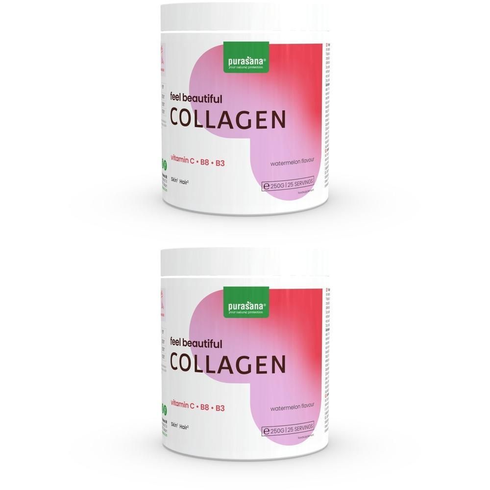 Deux pots de poudre de collagène Purasana®. Récipient blanc avec design rouge et rose. Inscription : Collagène, Vitamine C, B6, B3.