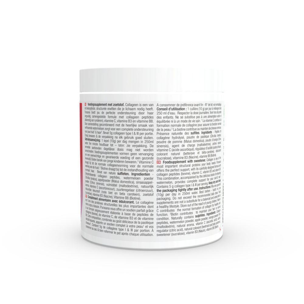 Dos d'un pot de poudre de collagène Purasana®. Texte en plusieurs langues. Contient des informations sur les ingrédients et la valeur nutritionnelle.