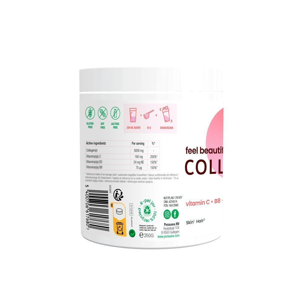 Dos d'un pot de poudre de collagène Purasana®. Contient des informations sur les ingrédients, la valeur nutritionnelle et les certifications.