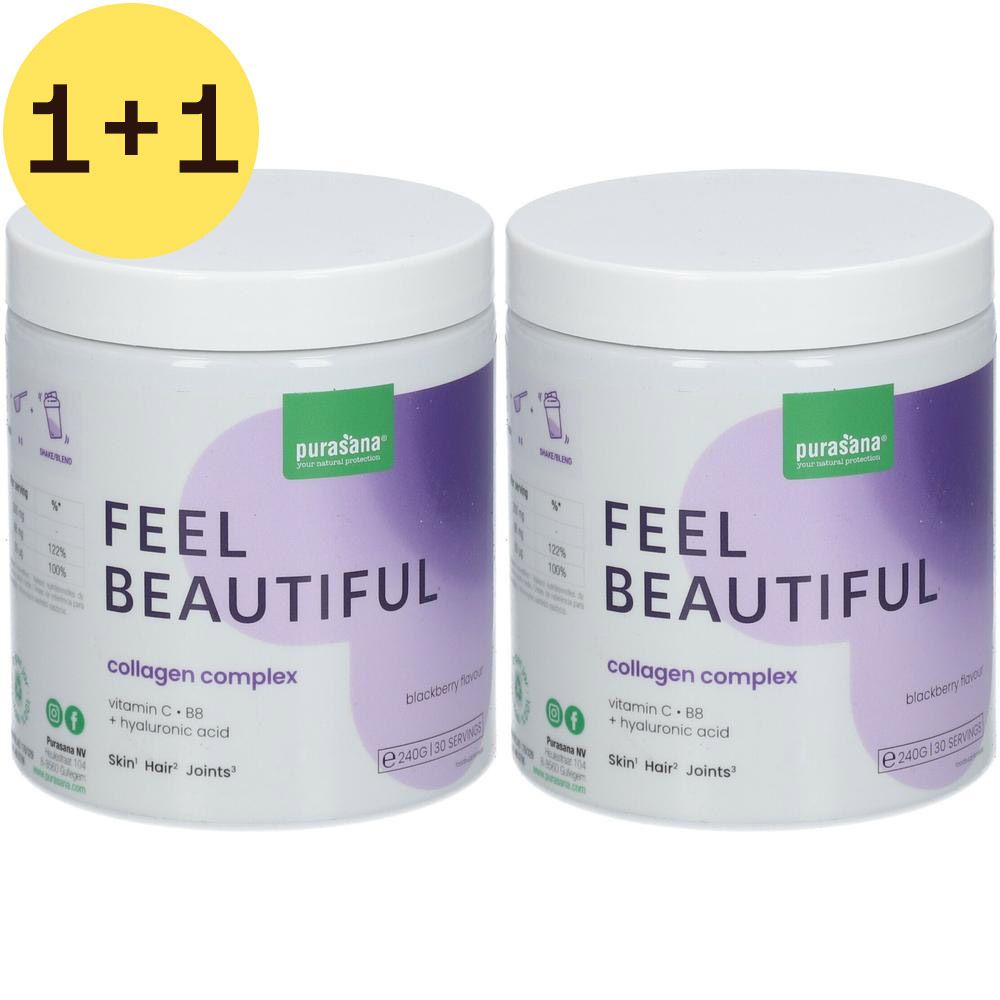 Deux pots blancs avec couvercles. Inscription: FEEL BEAUTIFUL, collagen complex. Marque: purasana. Design vert-violet.