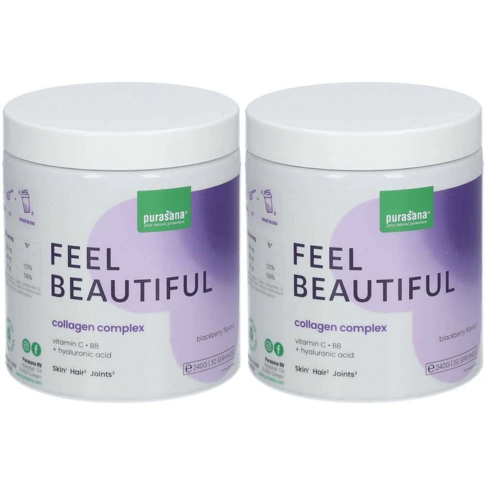 Deux pots blancs avec couvercles. Inscription: FEEL BEAUTIFUL, collagen complex. Marque: purasana. Design vert-violet.