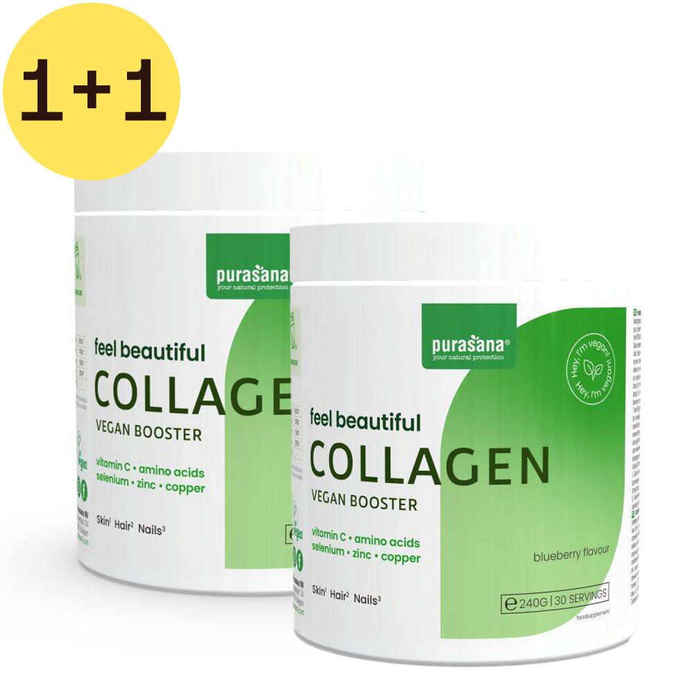 Deux boîtes blanches avec étiquette verte. Inscription: Collagen Vegan Booster. Symbole jaune 1+1.