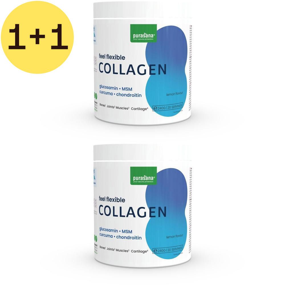 Deux boîtes blanches avec design bleu. Inscription: feel flexible COLLAGEN, glucosamine, MSM, curcuma, chondroïtine. Pour articulations, muscles, cartilage.