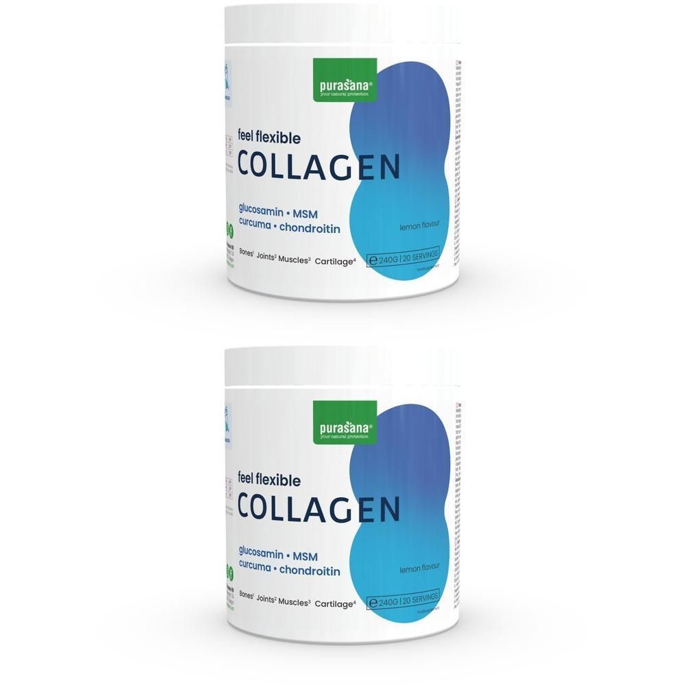 Deux boîtes blanches avec design bleu. Inscription: feel flexible COLLAGEN, glucosamine, MSM, curcuma, chondroïtine. Pour articulations, muscles, cartilage.