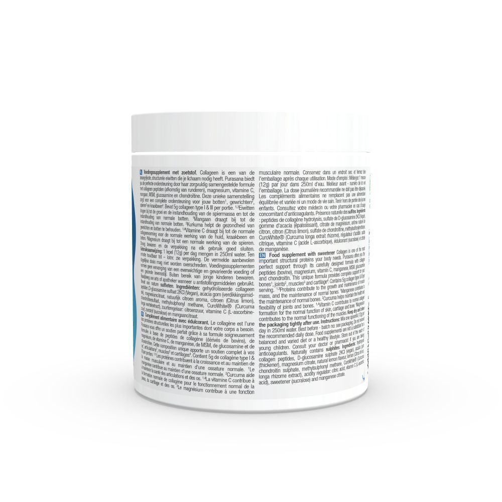 Pot blanc avec texte. Inscription: informations nutritionnelles, ingrédients, collagène, curcuma, chondroïtine. Dos avec informations multilingues.