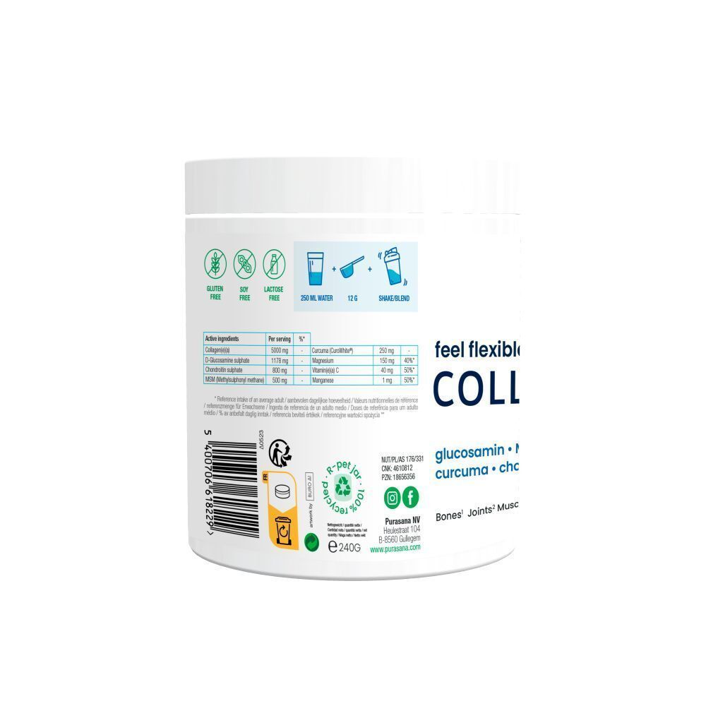 Pot blanc avec texte. Inscription: feel flexible COLLAGEN, glucosamine, curcuma, chondroïtine. Dos avec informations nutritionnelles et instructions.