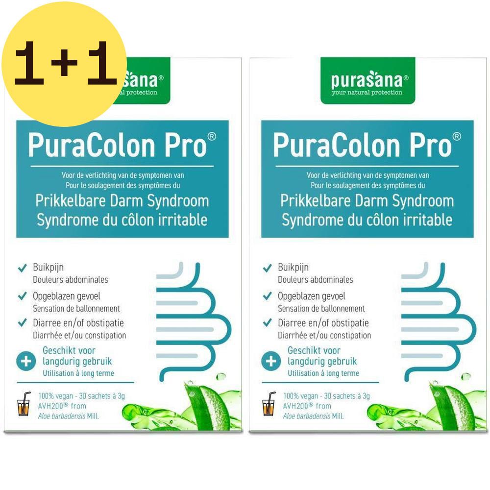 Deux boîtes Purasana PuraColon Pro avec autocollant 1+1 GRATUIT. Emballage blanc avec couvercle vert et texte. Produit pour le SCI.