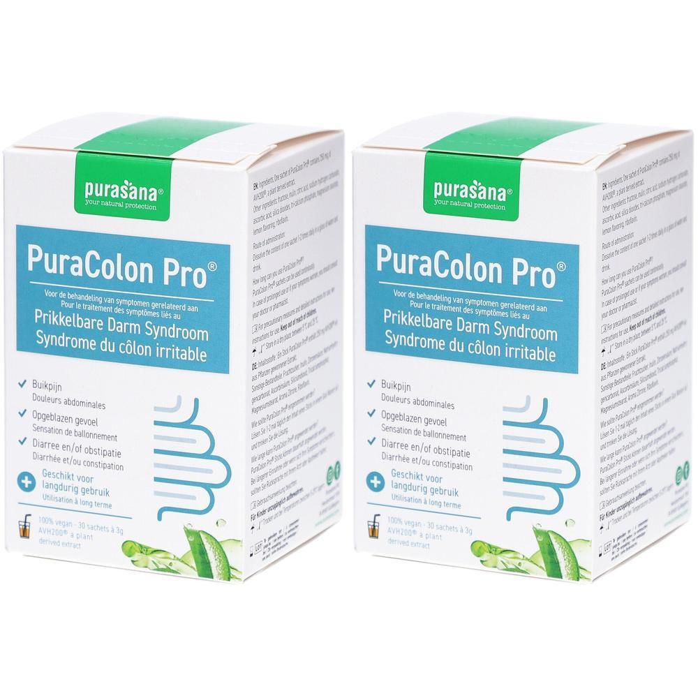 Deux boîtes Purasana PuraColon Pro. Emballage blanc avec couvercle vert et texte. Produit pour le syndrome du côlon irritable.