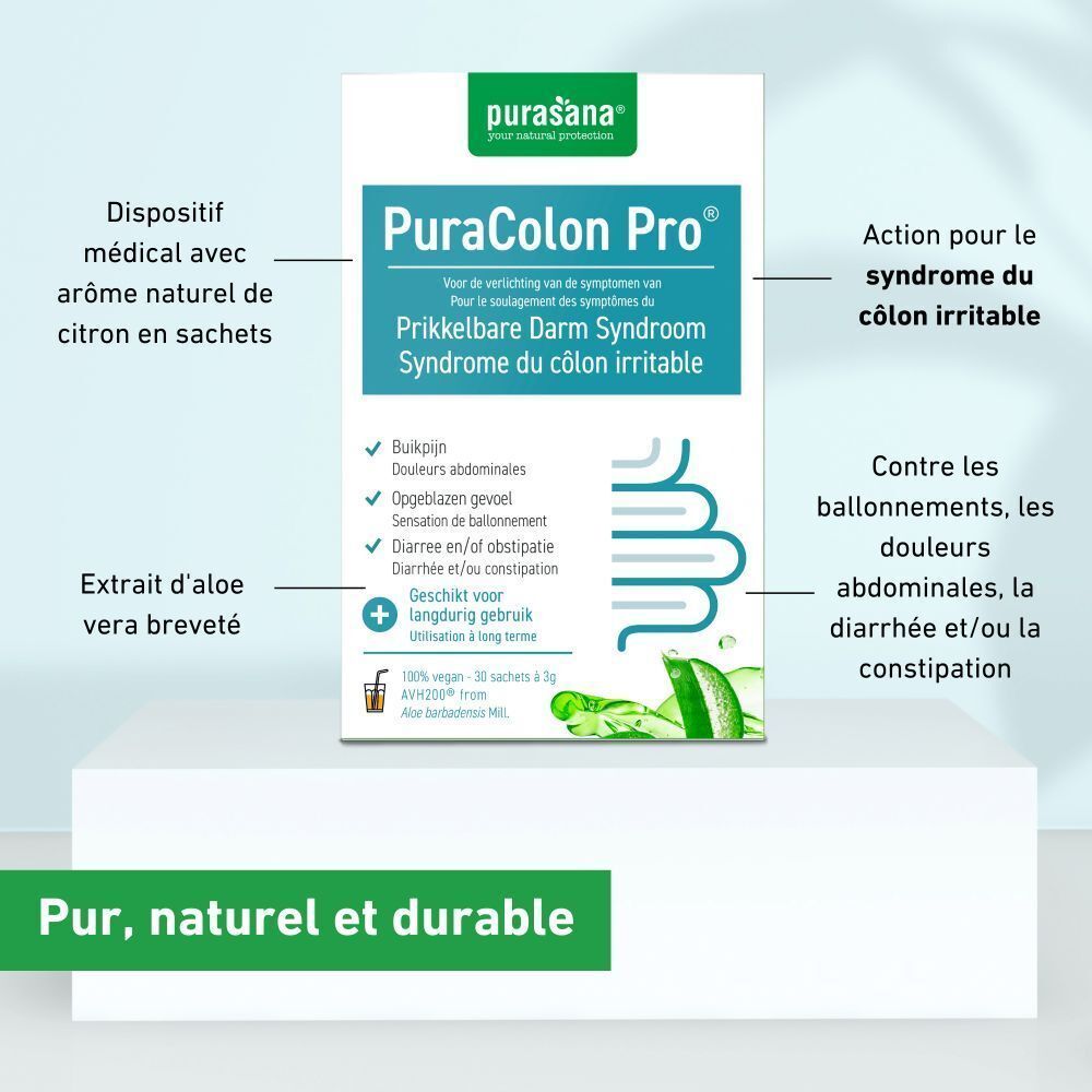Deux boîtes Purasana PuraColon Pro avec autocollant 1+1 gratuit. Boîtes blanches avec couvercles verts.