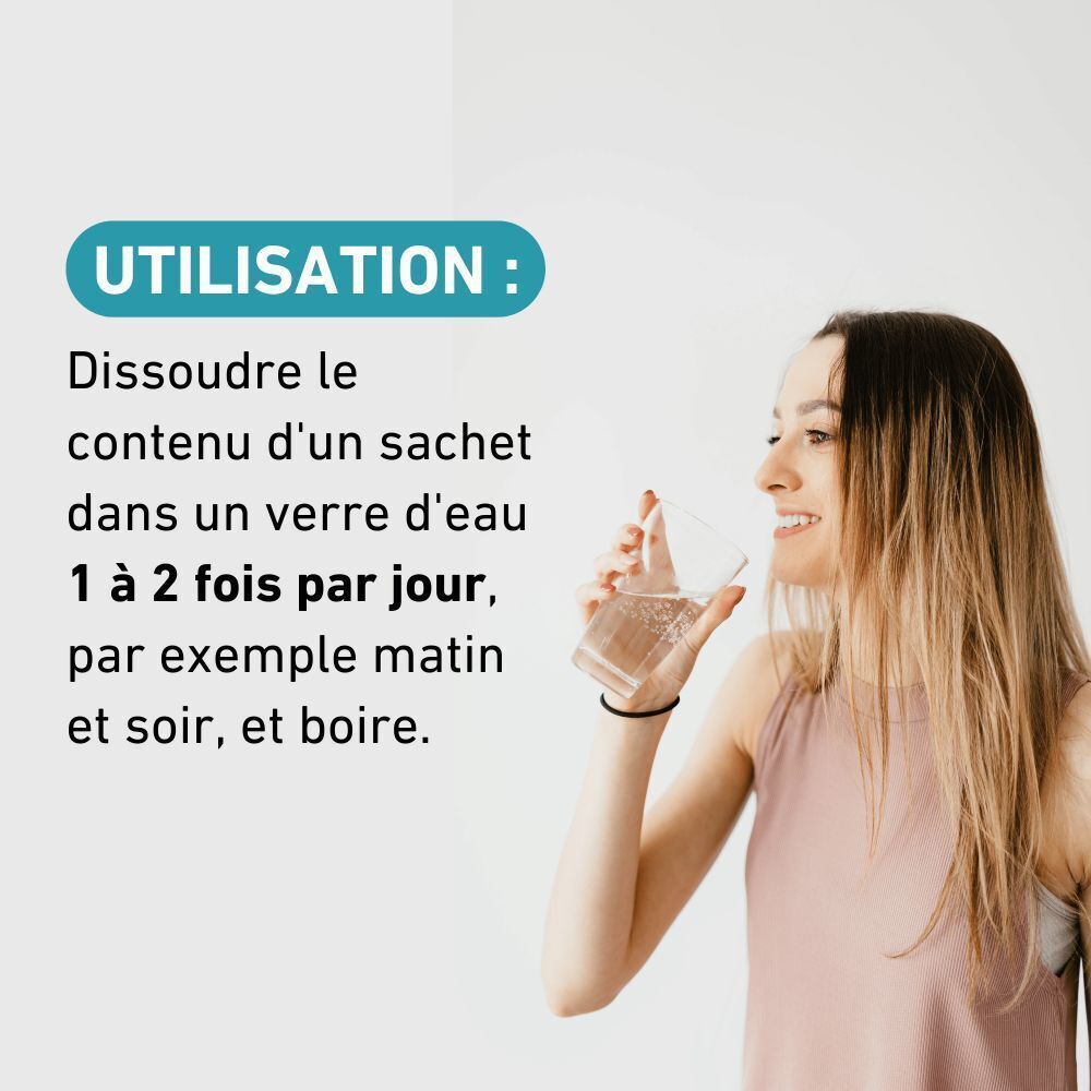 Une femme tient un verre d'eau. Texte: 'UTILISATION : Dissoudre le contenu d'un sachet dans un verre d'eau 1 à 2 fois par jour, par exemple matin et soir, et boire.'