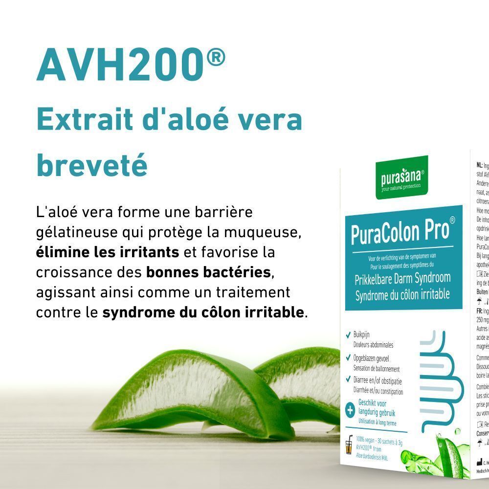 Emballage Purasana PuraColon Pro et feuilles d'aloe vera. Texte: 'AVH200® Extrait d'aloé vera breveté'.
