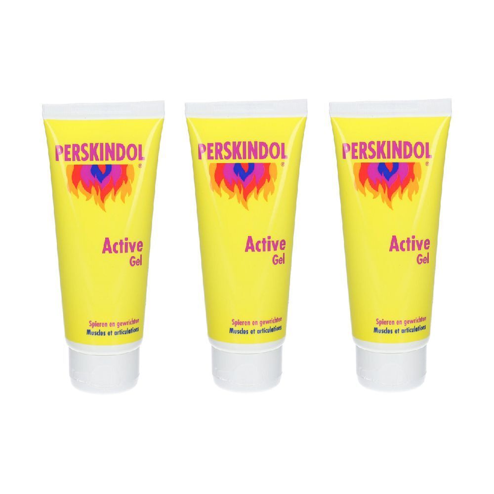 Trois tubes jaunes avec bouchons blancs. Chaque tube porte l'inscription "PERSKINDOL Active Gel".