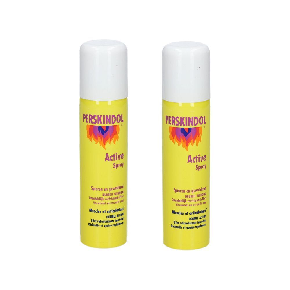 Deux flacons de spray jaunes avec bouchons blancs. Inscription : Perskindol Active Spray. Logo avec flammes. Texte multilingue.