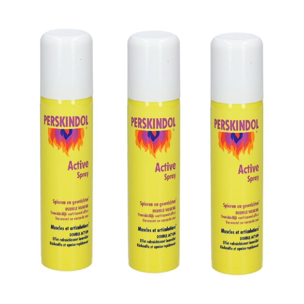Trois sprays jaunes avec bouchons blancs. Inscription: Perskindol Active Spray. Logo avec flammes. Texte en plusieurs langues.
