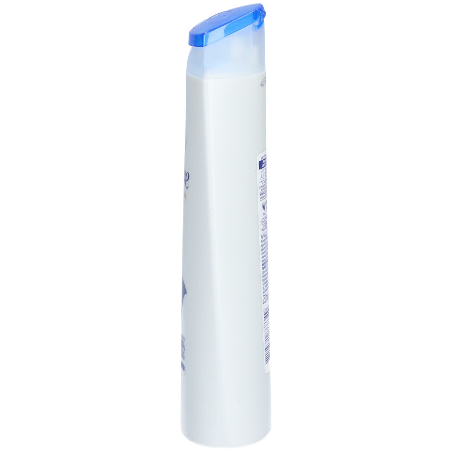 Flacon de shampooing blanc étroit avec bouchon bleu. Vue latérale avec informations produit et logo Dove.