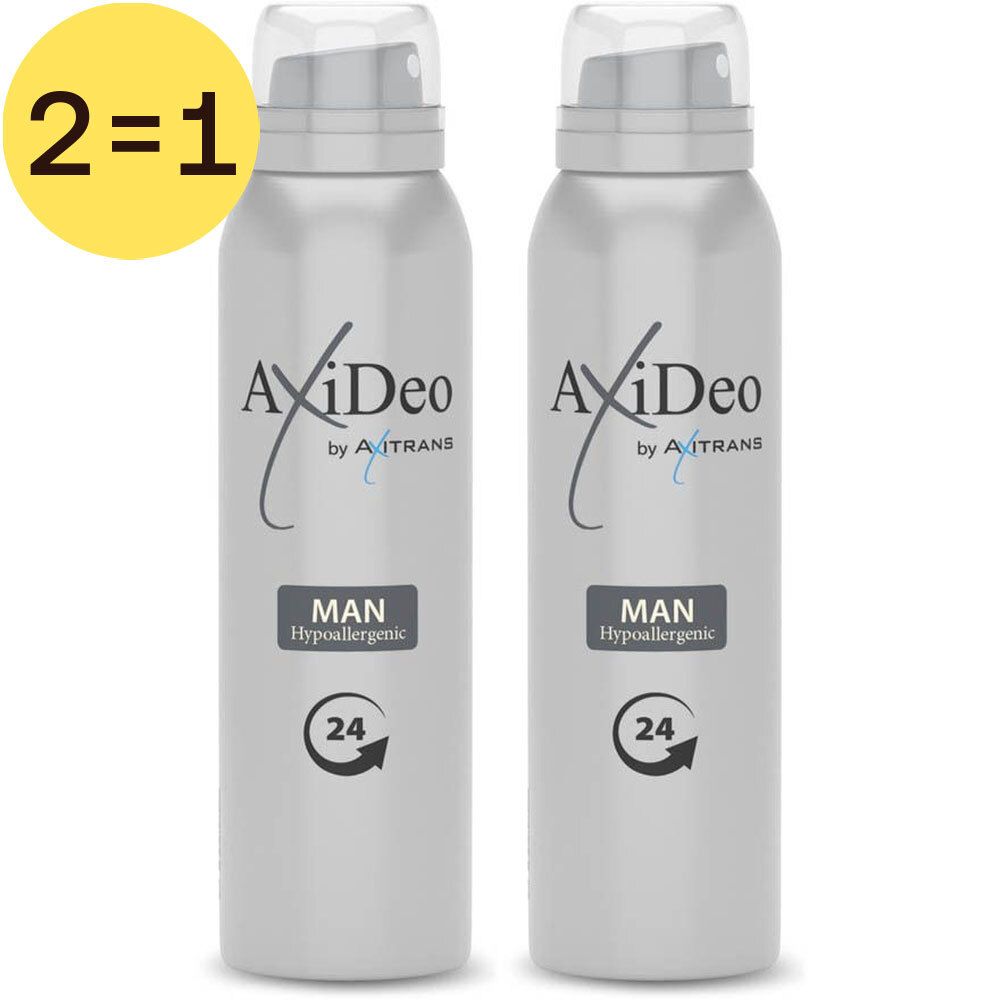 Quatre sprays AxiDeo argentés avec tête blanche. Inscription: MAN, Hypoallergénique, 24H. Symbole jaune 1+1 GRATUIT.