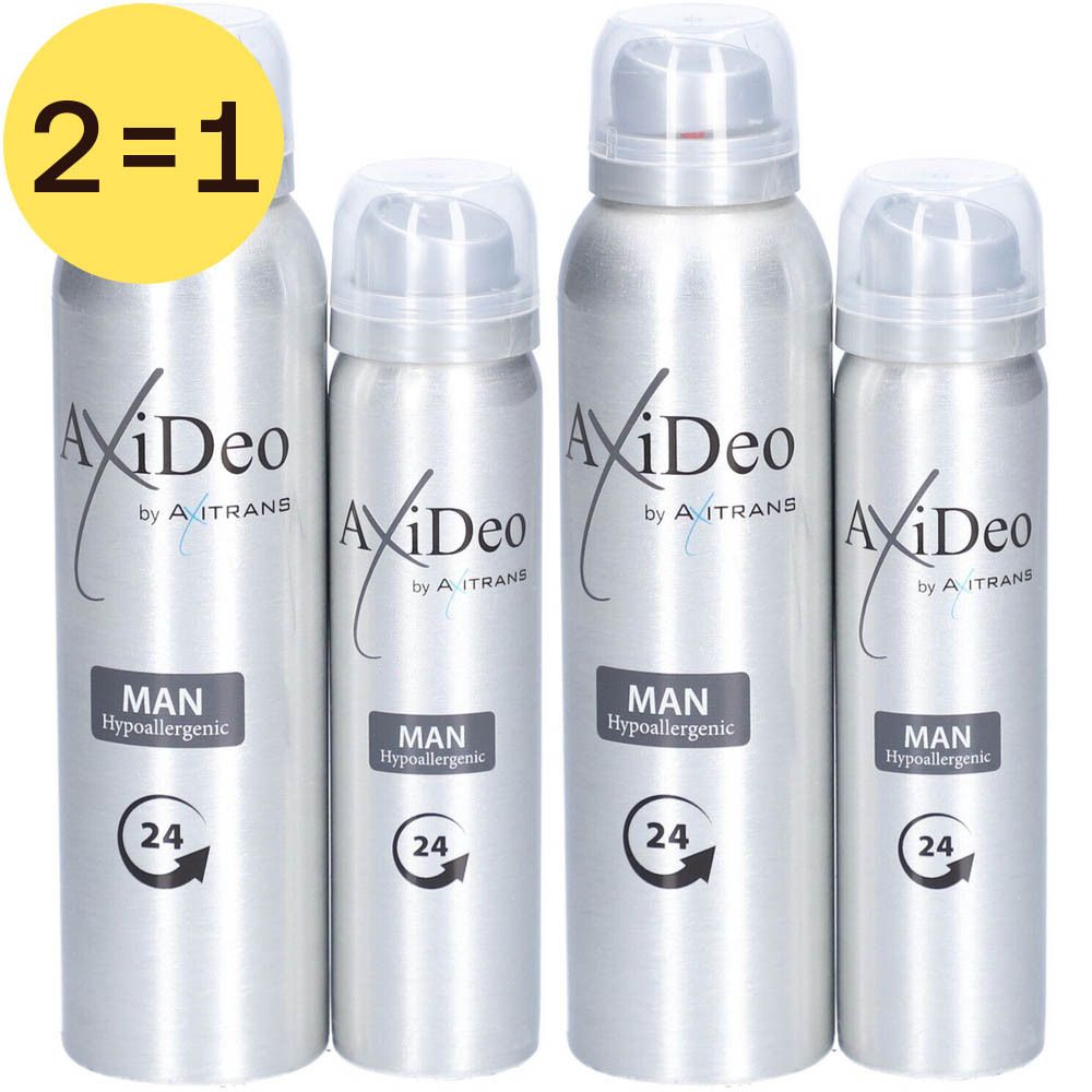 Deux sprays AxiDeo argentés avec tête blanche. Inscription: MAN, Allergens Free, 24H. Symbole jaune 1+1.