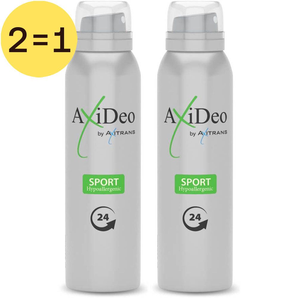Deux sprays argentés avec étiquette verte. Inscription: AxiDeo Sport, 24h. Hypoallergénique. 1+1 GRATUIT.