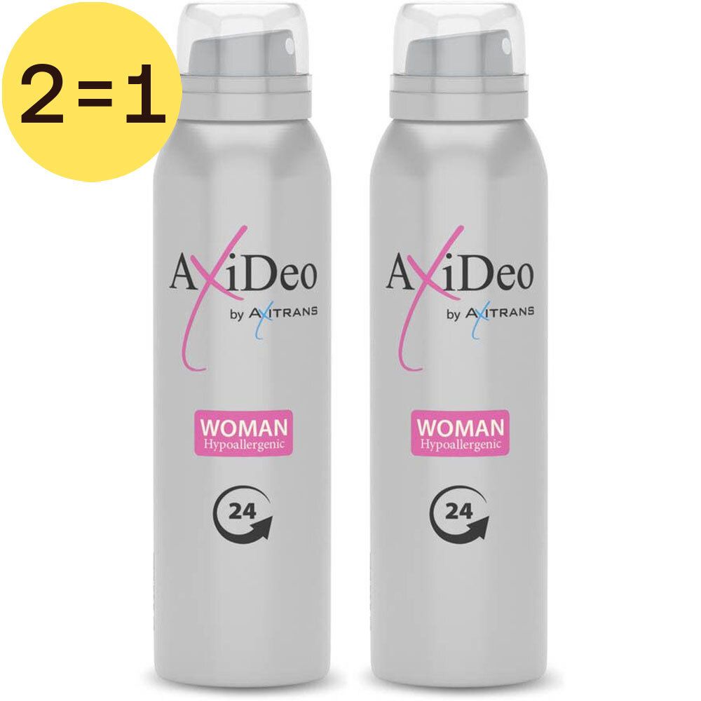 Deux sprays argentés avec étiquettes roses et blanches. Inscription: AxiDeo Woman, protection 24 heures. Symbole jaune 1+1 GRATUIT.