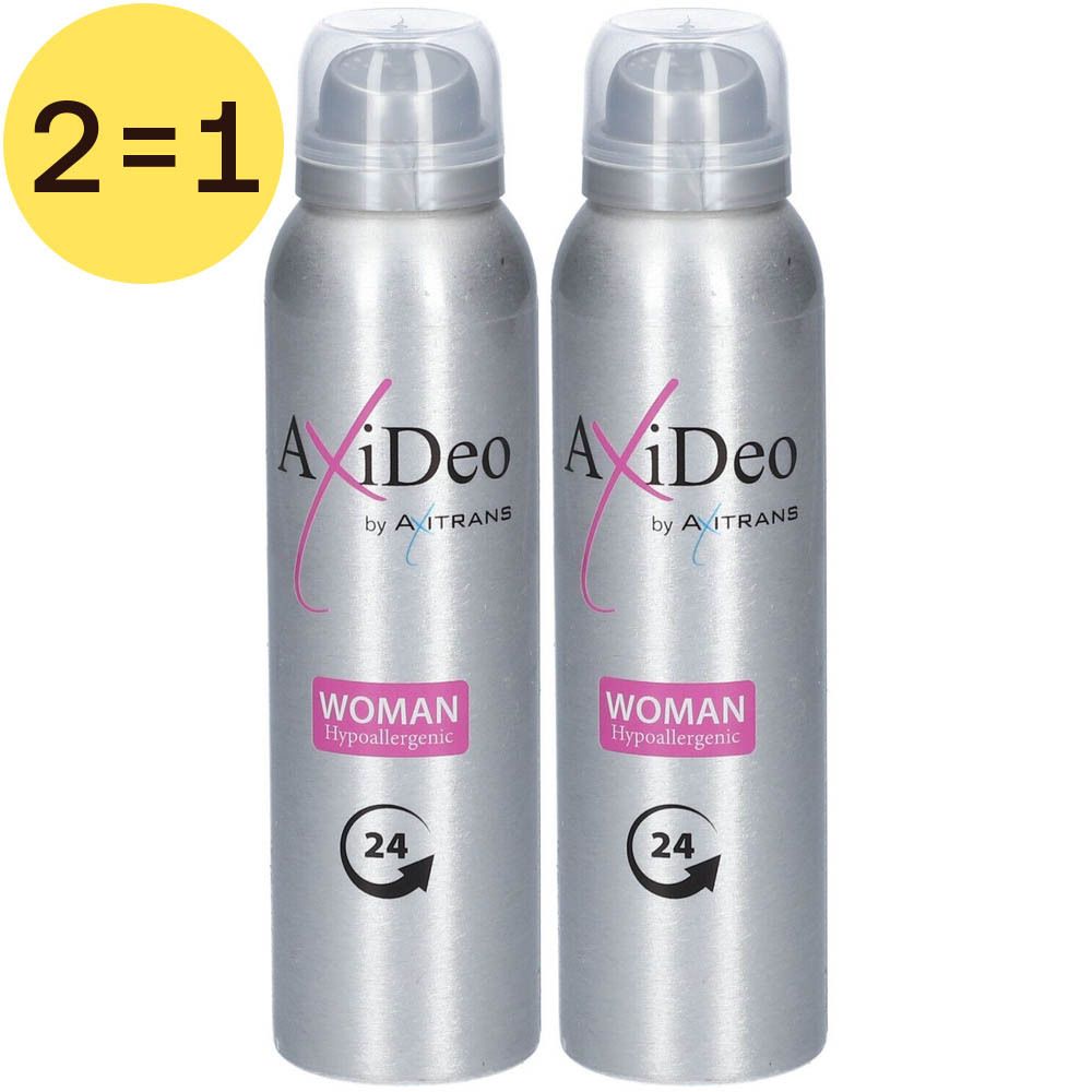 Deux sprays argentés avec étiquettes roses et blanches. Inscription: AxiDeo Woman, protection 24 heures. Symbole jaune 1+1.