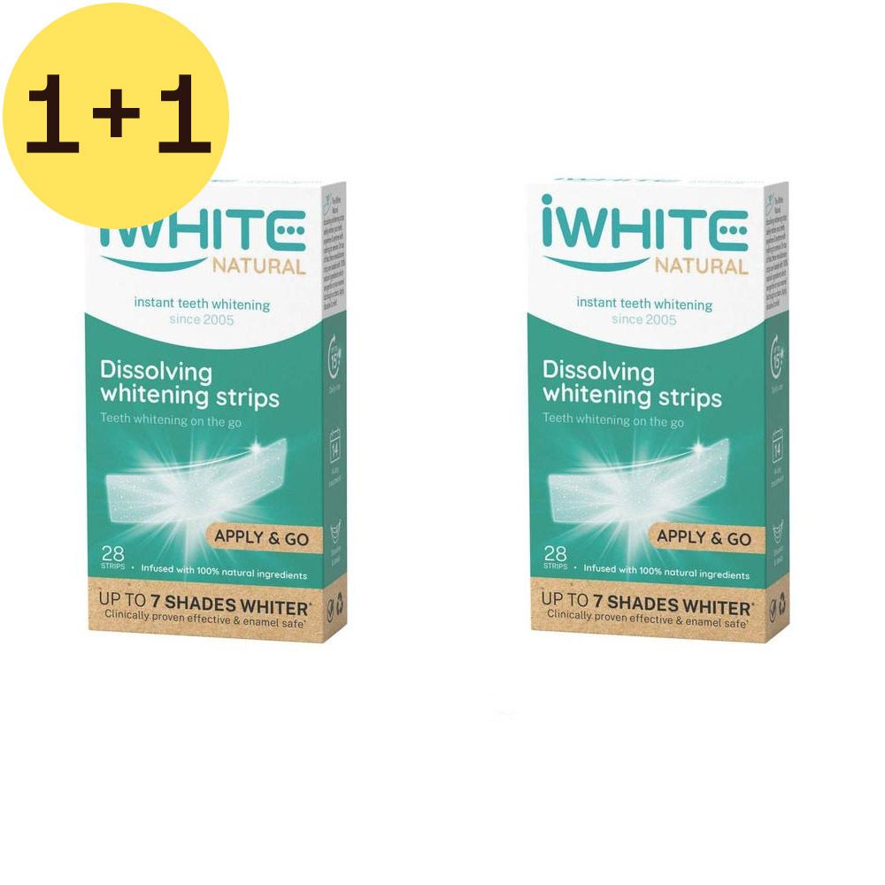 Deux paquets de bandes blanchissantes iWhite Natural. Inscription : 1+1 GRATUIT. Sur chaque boîte : 28 bandes.