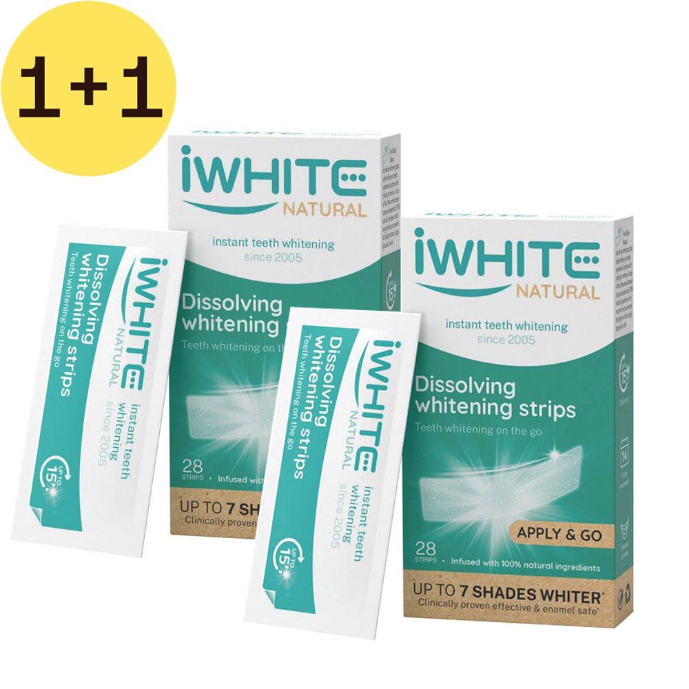 Trois paquets de bandes blanchissantes iWhite Natural. Deux boîtes et deux emballages individuels. Inscription : 1+1.