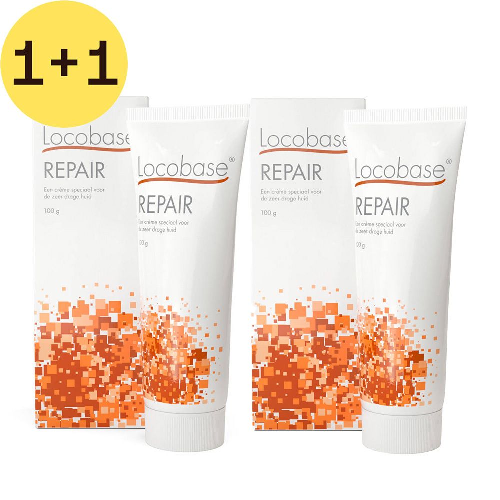 Trois tubes et emballages. Inscription: Locobase Repair. Design orange. Symbole jaune 1+1.
