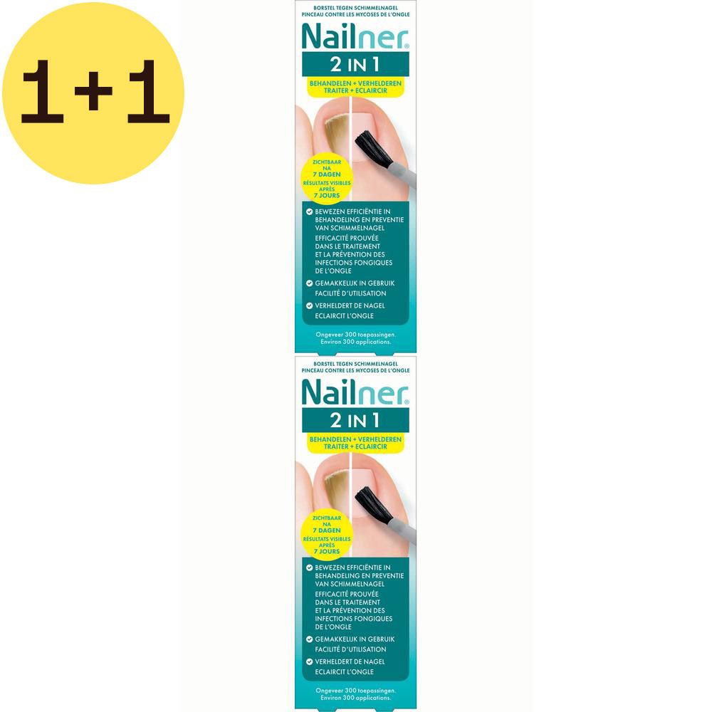 Deux boîtes Nailner 2 en 1. Inscription 1+1 GRATUIT. Illustration : ongle avec applicateur. Texte : Bewezen effectief tegen schimmelnagels.