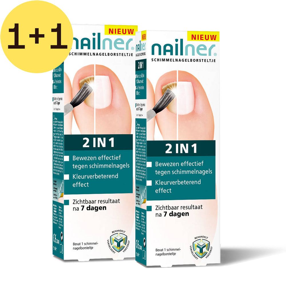 Deux boîtes Nailner 2 en 1. Inscription 1+1 GRATUIT. Illustration : ongle avec applicateur. Texte : Bewezen effectief tegen schimmelnagels.