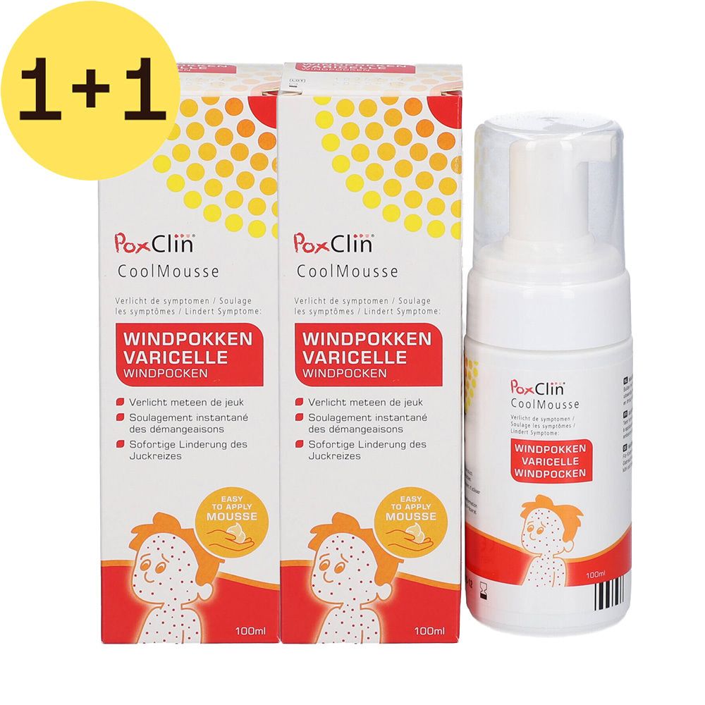 Deux boîtes et un flacon de CoolMousse. Inscription: PoxClin CoolMousse, Varicelle. 1+1 GRATUIT.