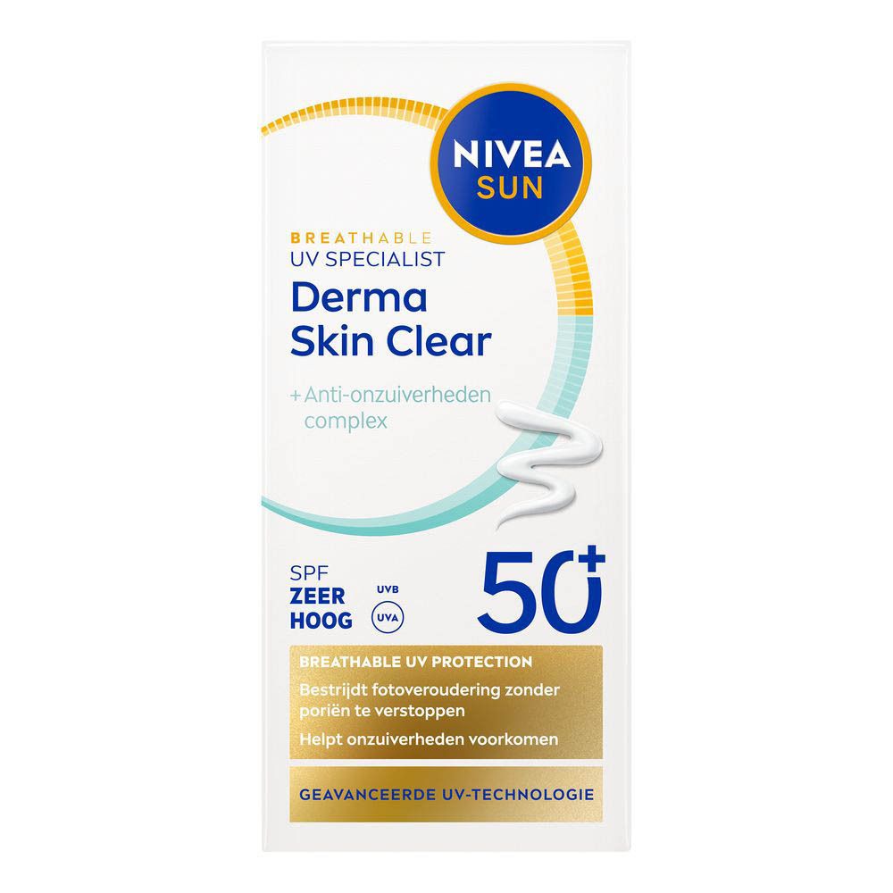 Emballage Nivea Sun UV Face Specialist. Texte: Derma Skin Clear, protection solaire 50+.