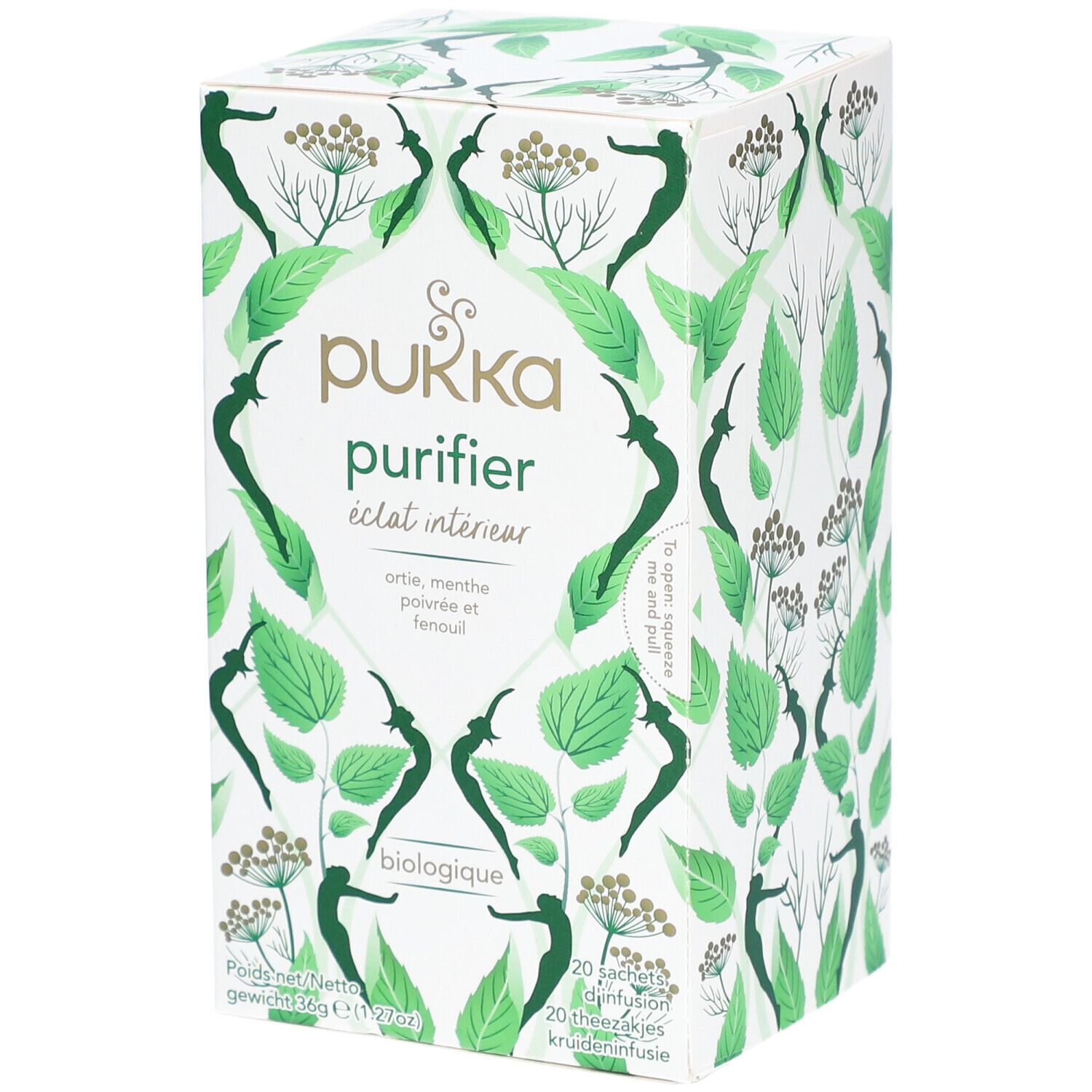 Boîte Pukka Purifier. Nom du produit, illustrations de plantes vertes. Ingrédients : ortie, menthe poivrée et fenouil. 20 sachets.