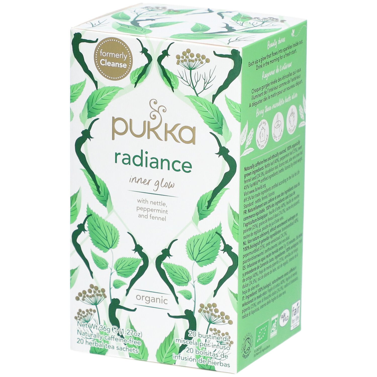 Boîte Pukka Radiance. Nom du produit, illustrations vertes. Contient ortie, menthe poivrée et fenouil. 20 sachets.