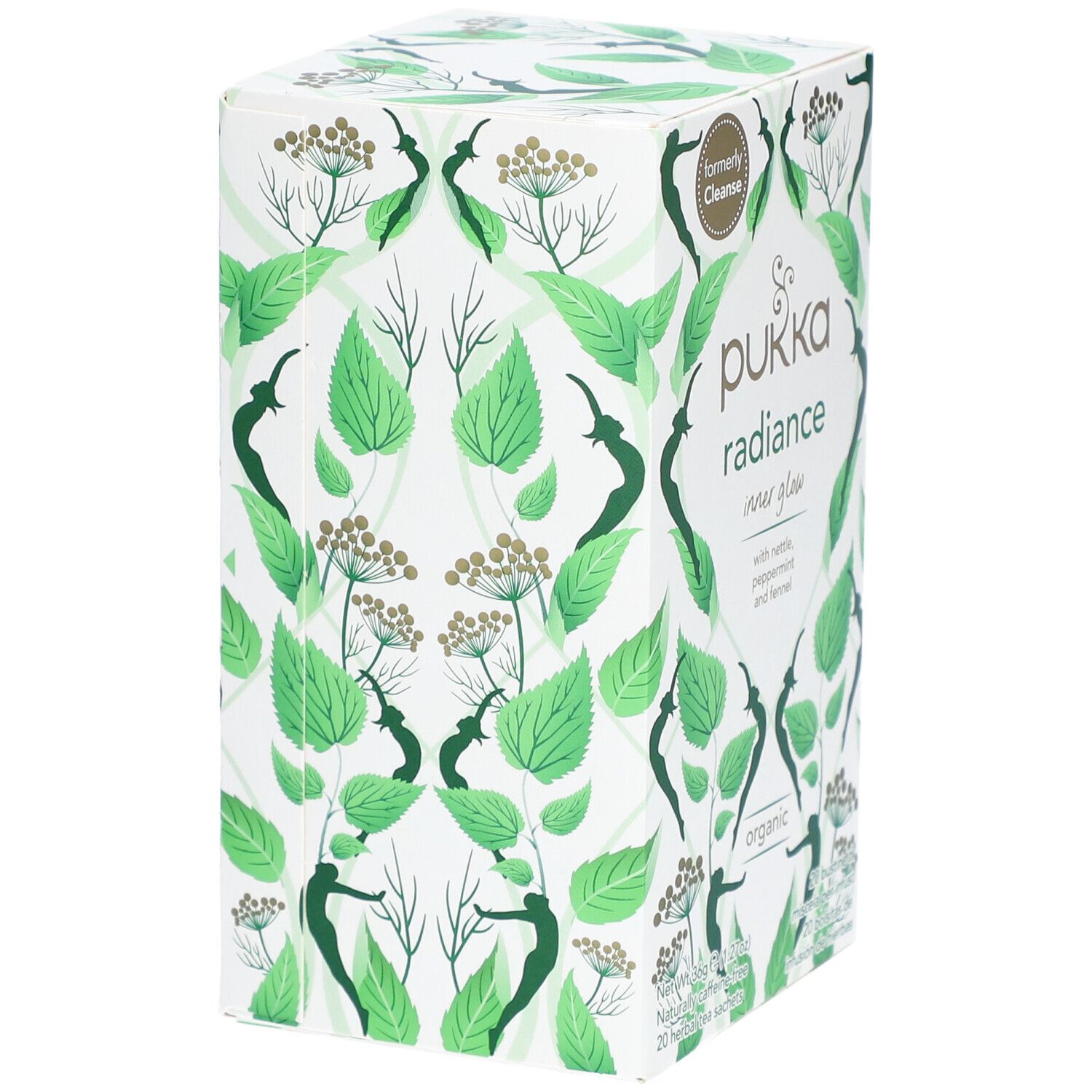 Boîte Pukka Radiance. Nom du produit, illustrations vertes. Contient ortie, menthe poivrée et fenouil. 20 sachets.