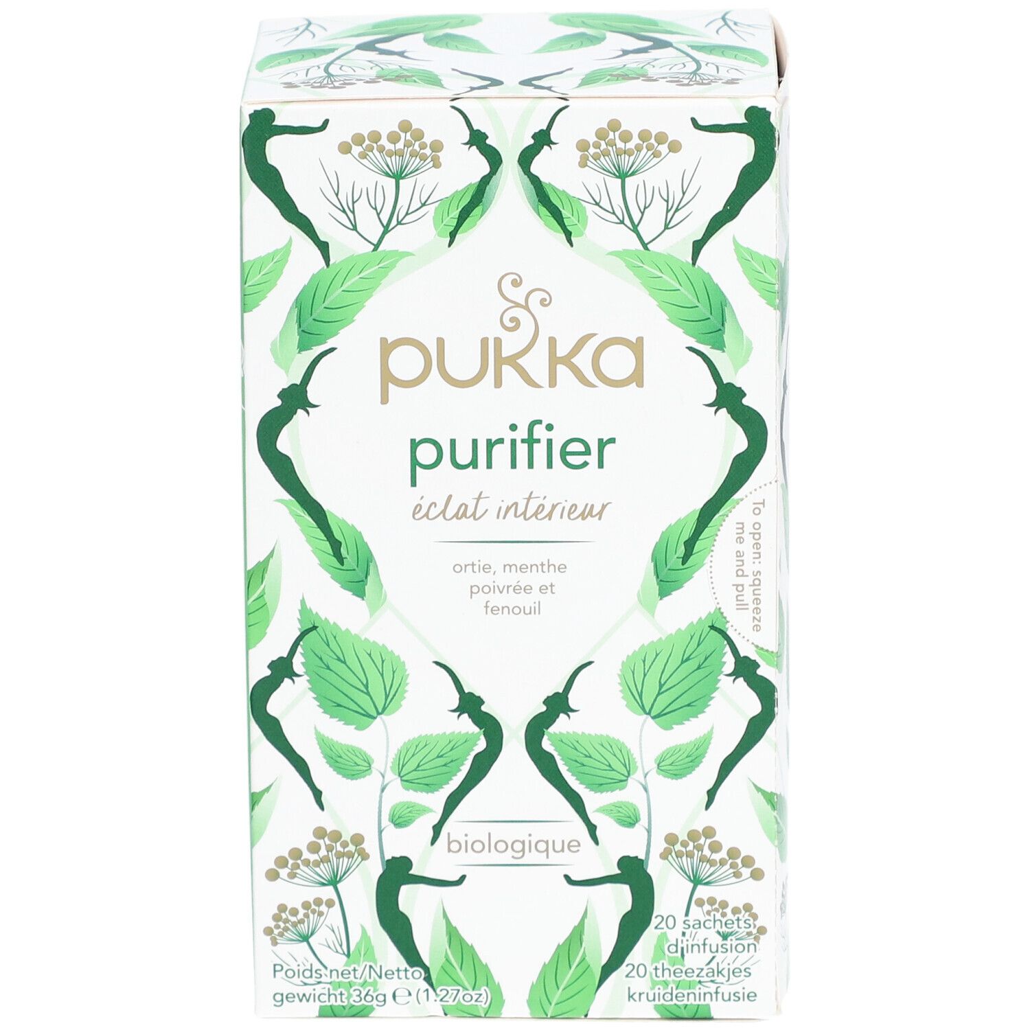 Boîte Pukka Purifier. Nom du produit, illustrations vertes. Contient ortie, menthe poivrée et fenouil. 20 sachets.