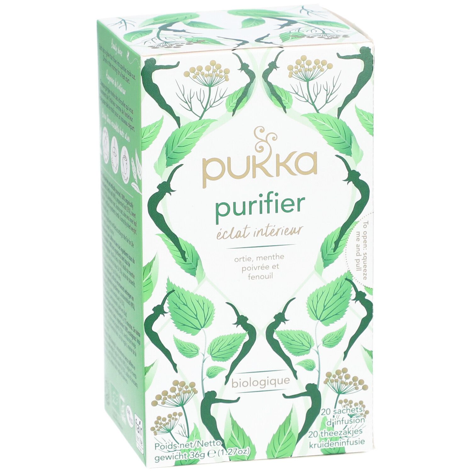 Boîte Pukka Purifier. Nom du produit, illustrations vertes. Contient ortie, menthe poivrée et fenouil. 20 sachets.