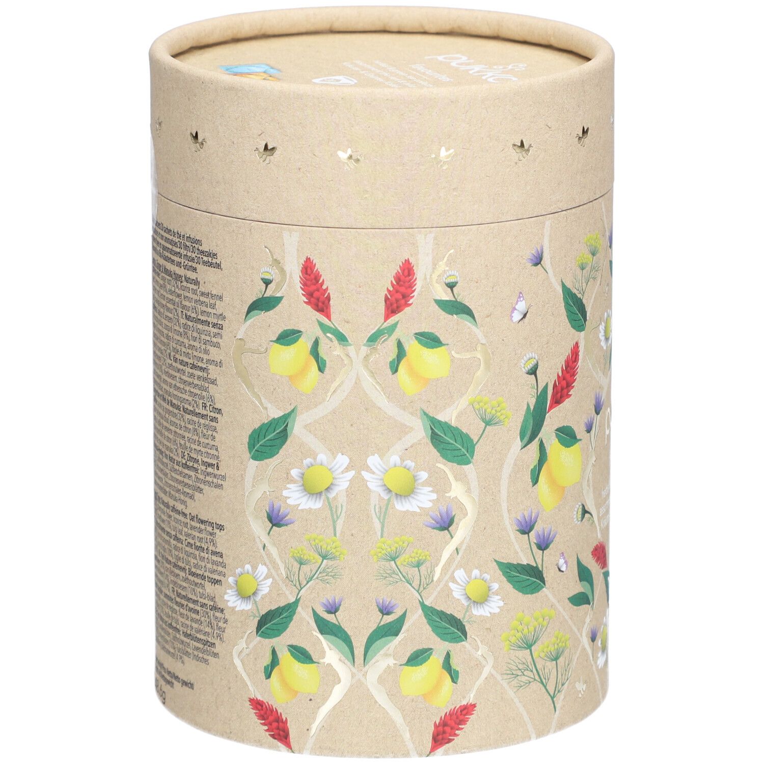 Emballage cylindrique en carton avec motifs floraux. Dos avec texte. Marque Pukka. Label bio.