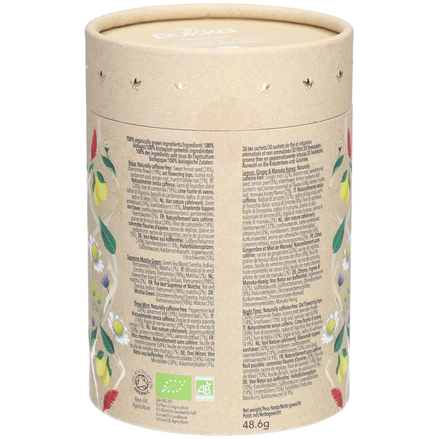 Dos de l'emballage cylindrique en carton. Texte en plusieurs langues. Label bio. Poids net 48,6g.