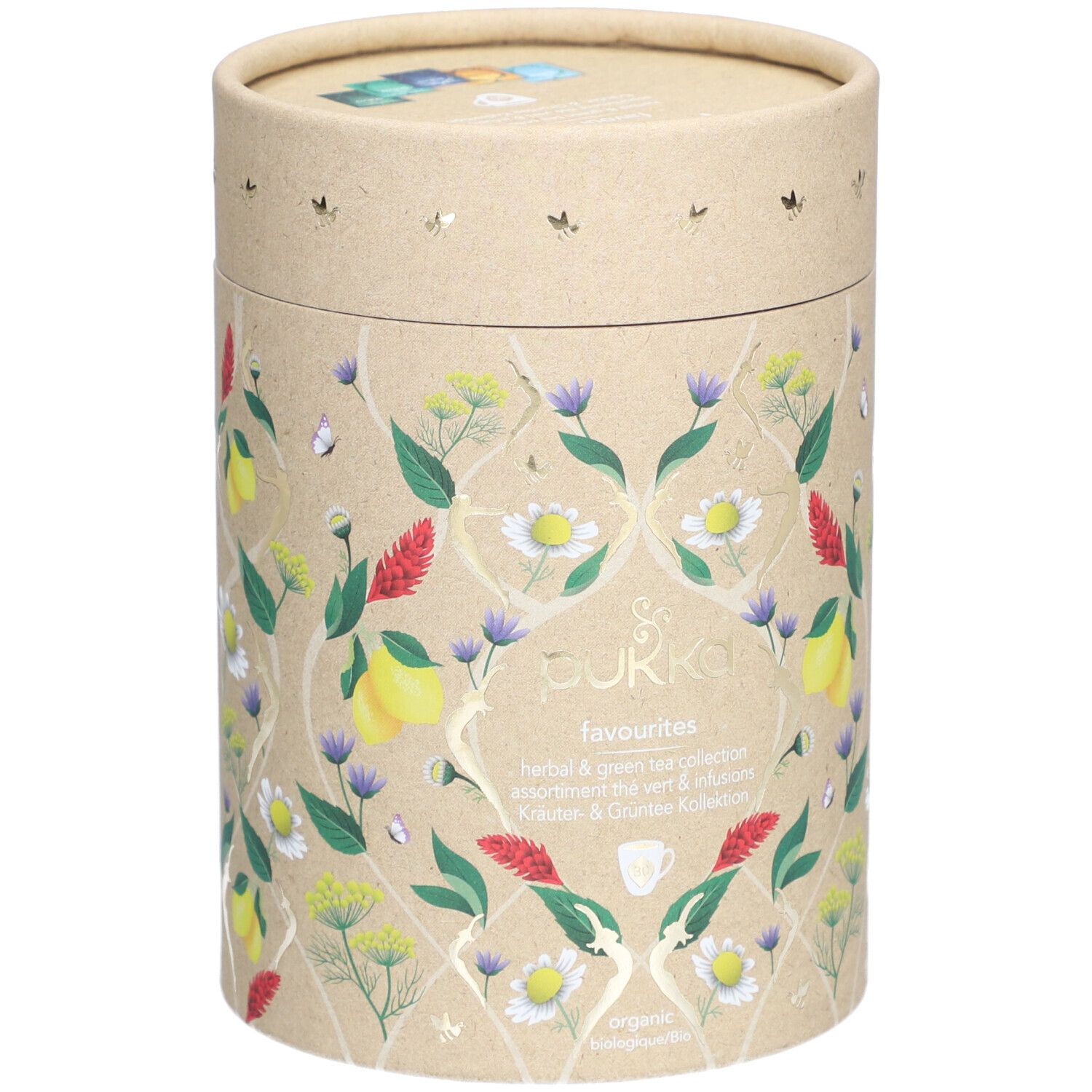 Emballage cylindrique en carton avec motifs floraux et nom du produit. Marque Pukka. Label bio.