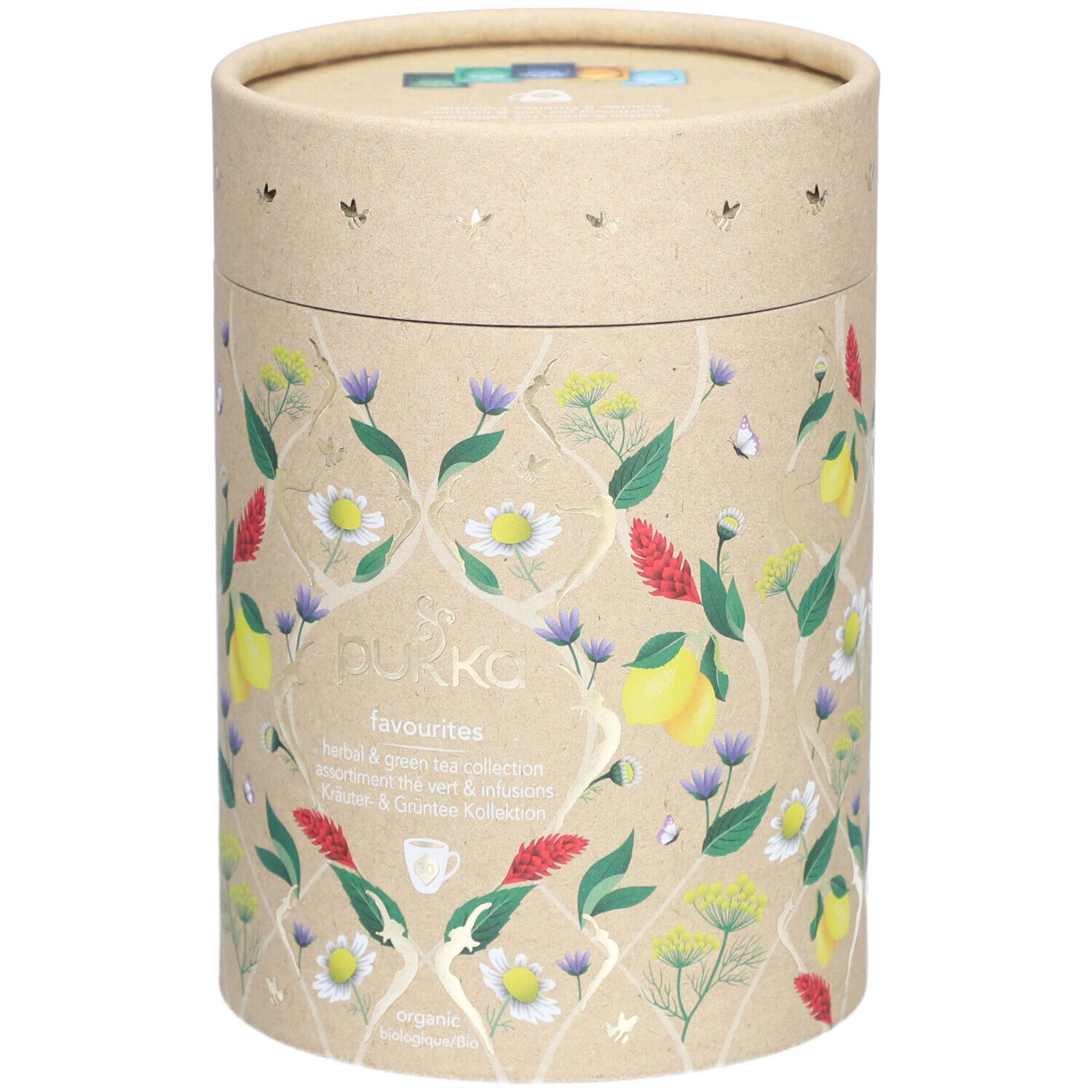 Emballage cylindrique en carton avec motifs floraux et nom du produit. Marque Pukka. Label bio.