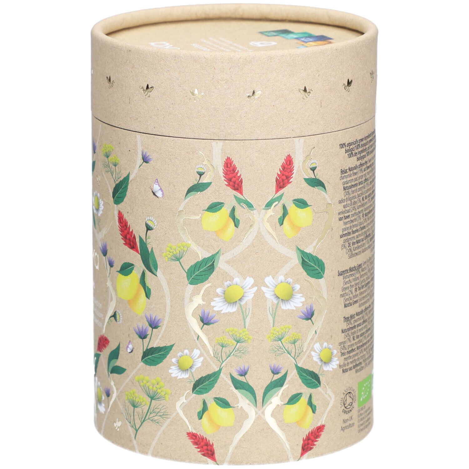 Emballage cylindrique en carton avec motifs floraux. Dos avec texte. Label bio. Marque Pukka.
