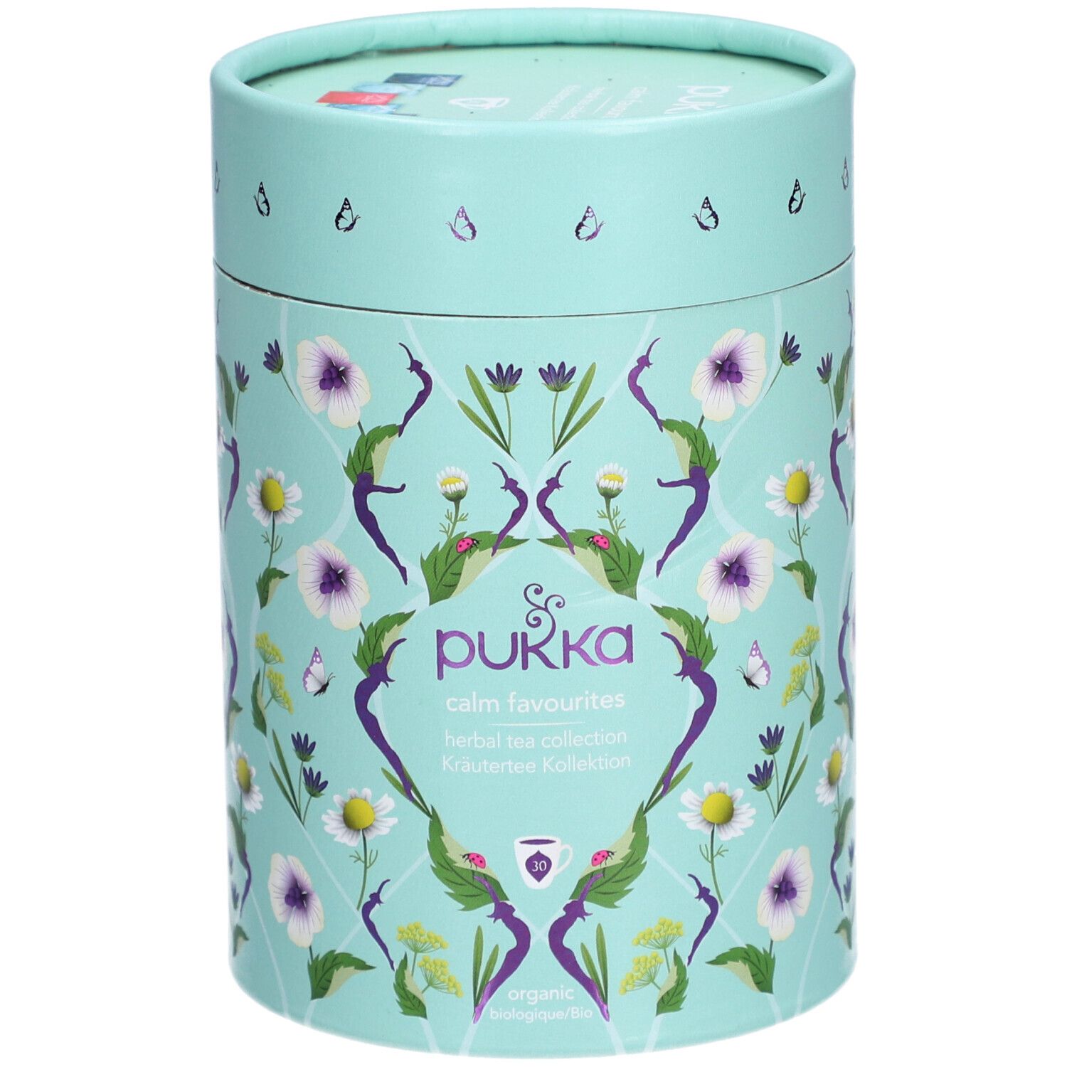 Boîte cylindrique avec motif floral et logo Pukka. Inscription : calm favourites, collection de tisanes.