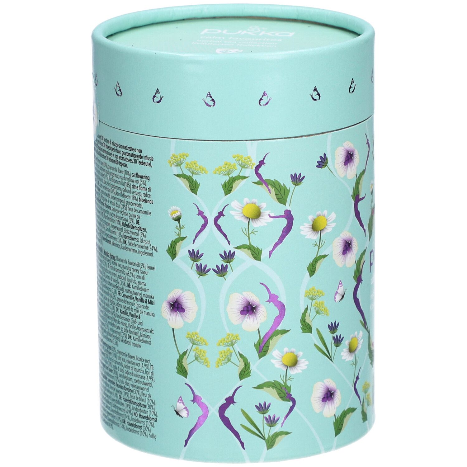 Boîte cylindrique avec motif floral et texte. Dos avec liste des ingrédients et certifications.