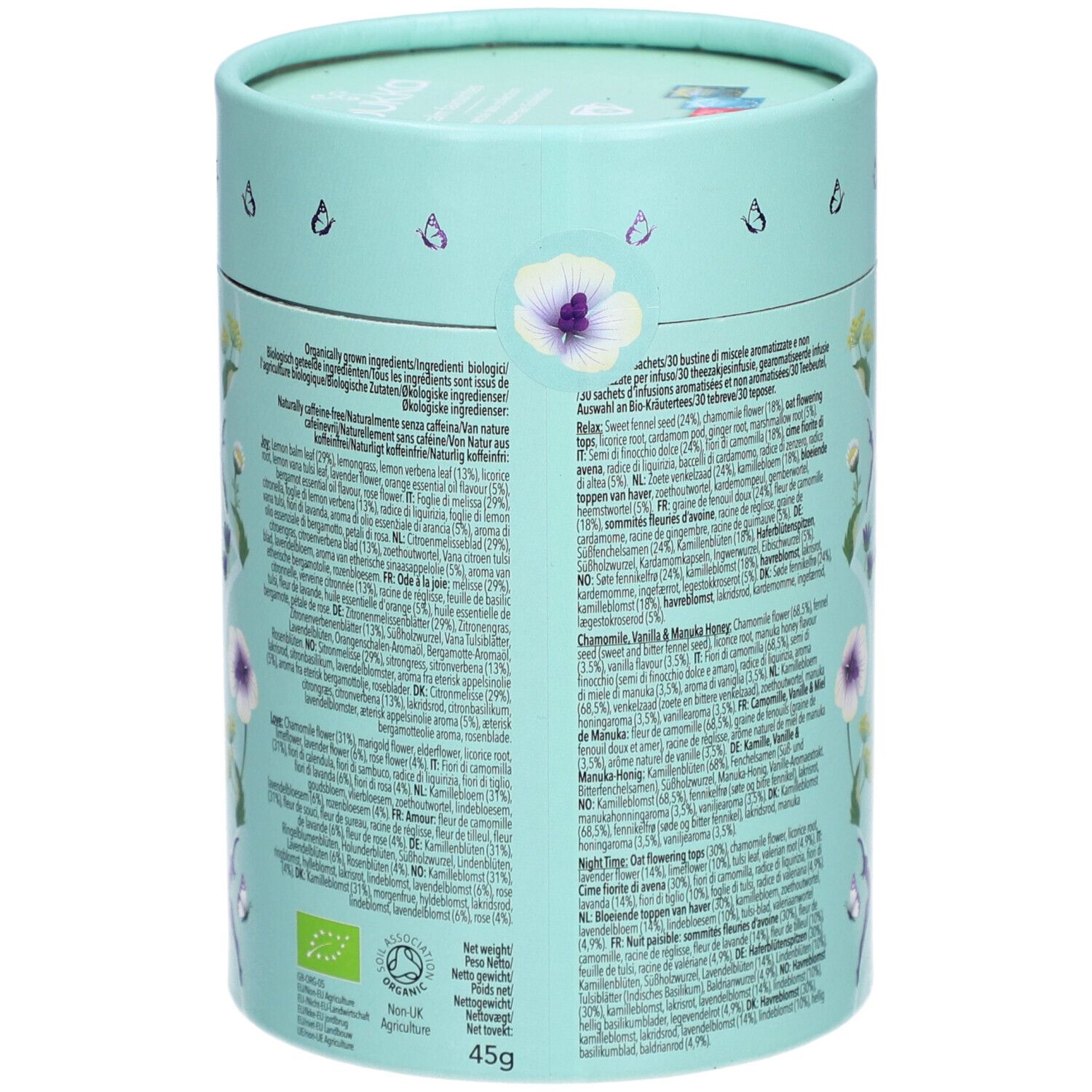 Dos de la boîte cylindrique avec listes d'ingrédients multilingues et label bio.