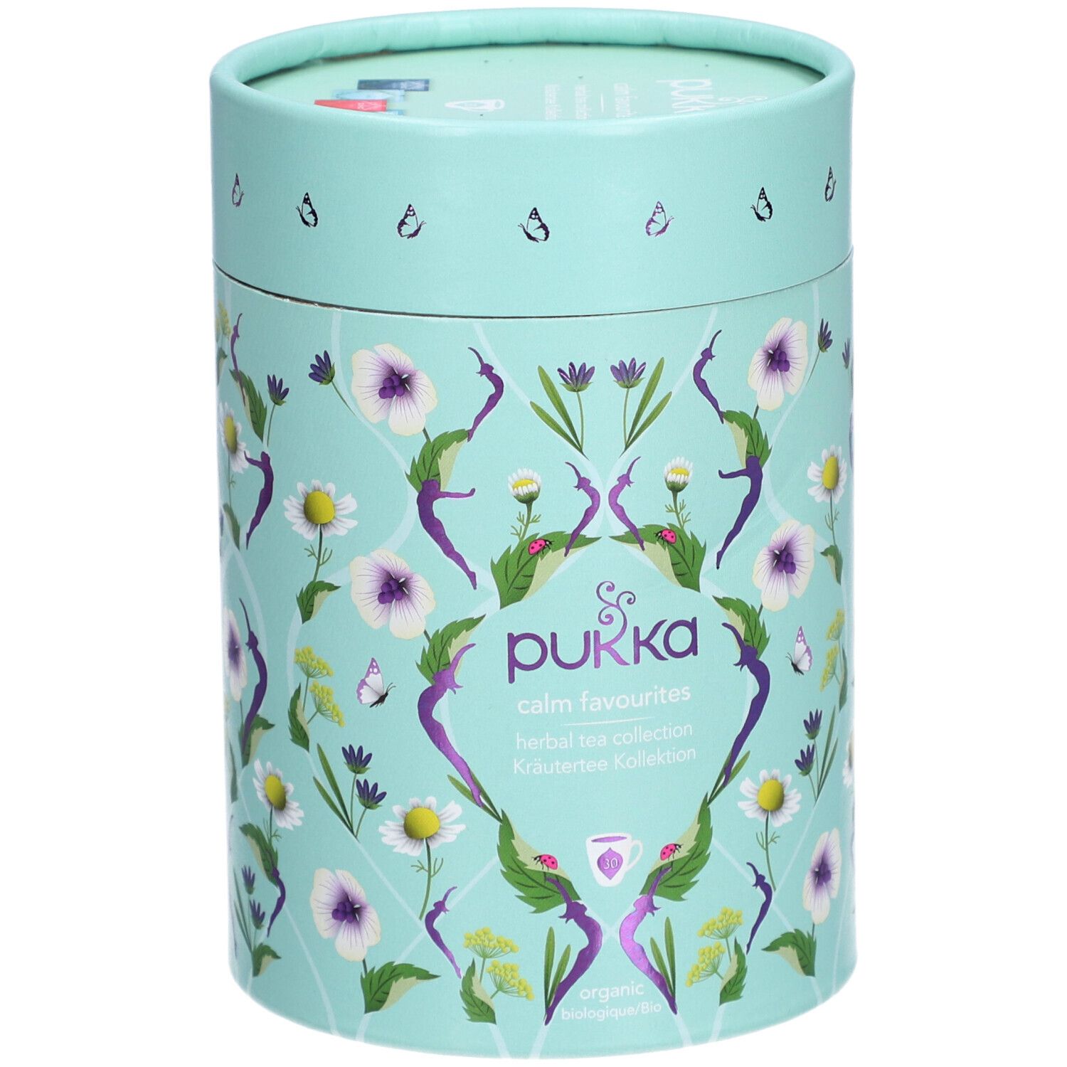 Boîte cylindrique avec motif floral et logo Pukka. Inscription : calm favourites, collection de tisanes.