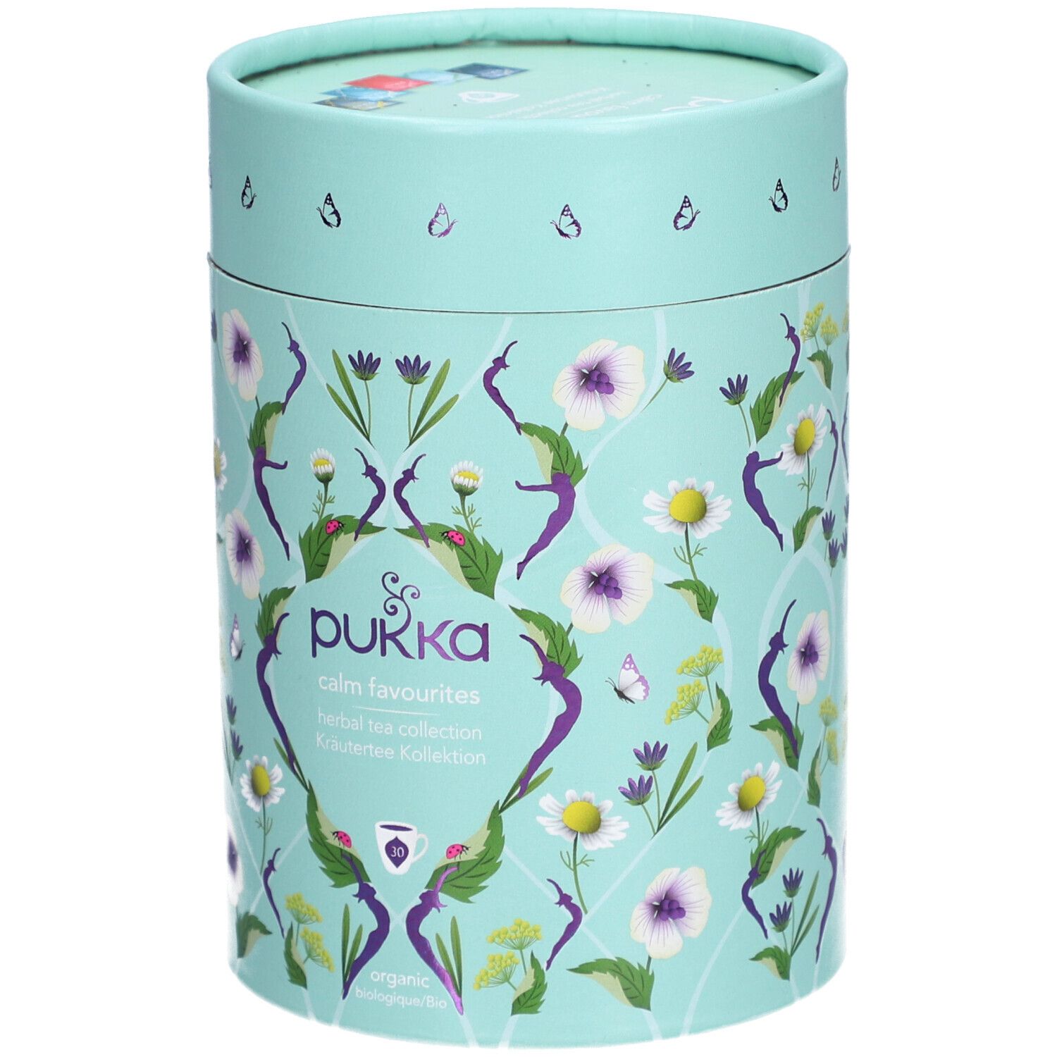 Boîte cylindrique avec motif floral et logo Pukka. Inscription : calm favourites, collection de tisanes.