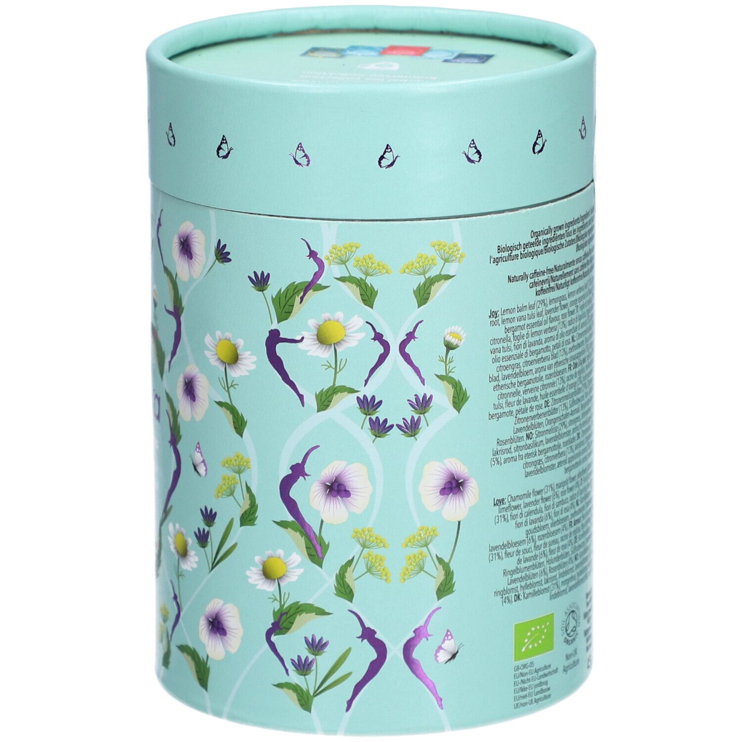 Boîte cylindrique avec motif floral et texte. Dos avec liste des ingrédients et certifications.