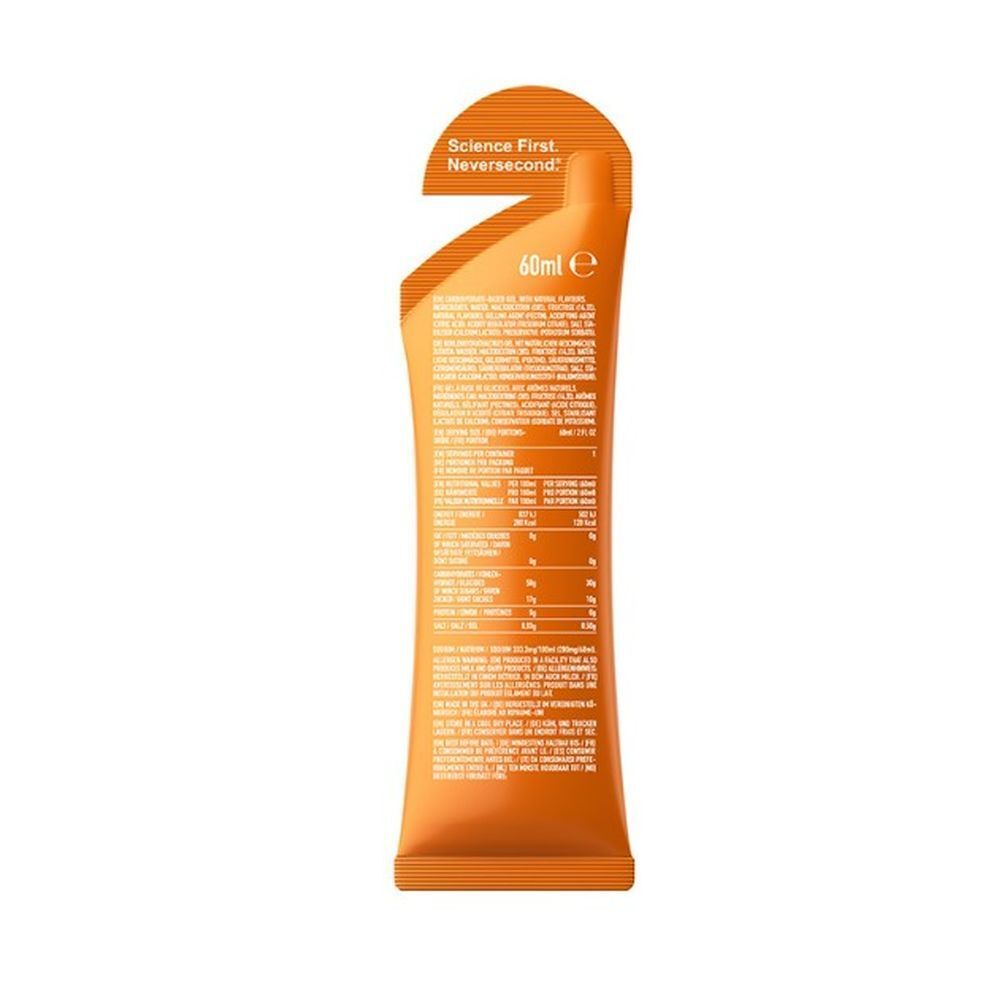 Dos d'un sachet orange. Contient du texte et des informations nutritionnelles. 60ml.