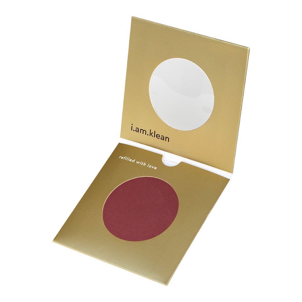 Emballage doré ouvert. Visible : blush rond, couleur vin. Marque : i.am.klean. Texte : "refilled with love".